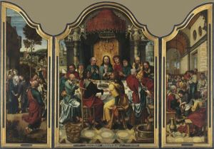 Drieluik met het Laatste Avondmaal (middenpaneel); het afscheid van Christus en Maria (linkerluik); de voetwassing (rechterluik) Drieluik met het Laatste Avondmaal (middenpaneel); het afscheid van Christus en Maria (linkerluik); de voetwassing (rechterluik)