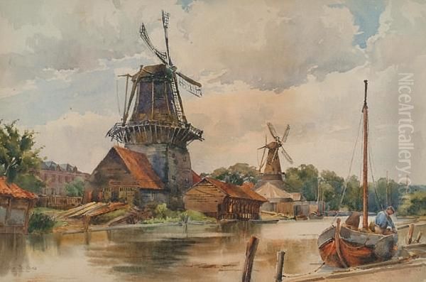Dutch Canal With Windmills - view 1