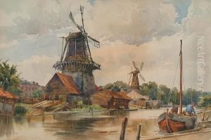 Dutch Canal With Windmills by Du Ella Cane