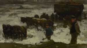Vissers trekken hun boot op het strand; sneeuweffect by Willem de Zwart