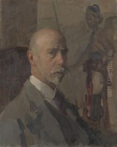 Zelfportret met een portret van Raden Mas Jodjana op de achtergrond
