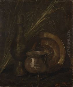 Stilleven met bronzen pot, koperen schaal en vaas