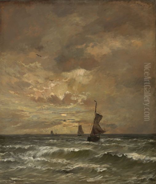 Ondergaande zon met woelige zee - view 1