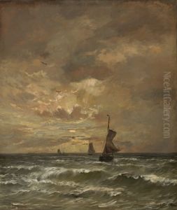 Ondergaande zon met woelige zee by Hendrik Willem Mesdag