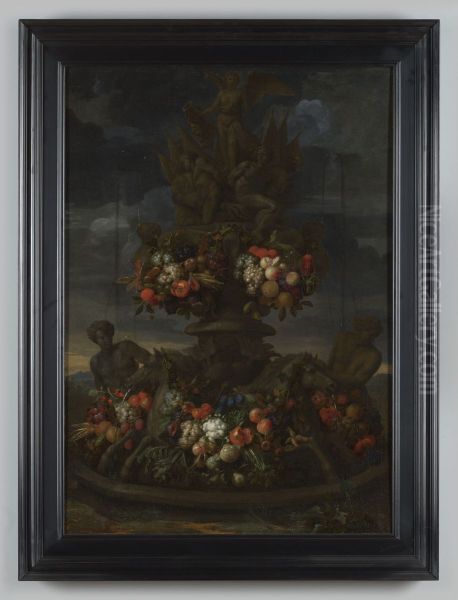 Gebeeldhouwde fontein versierd met takken en vruchtenboeketten - view 1