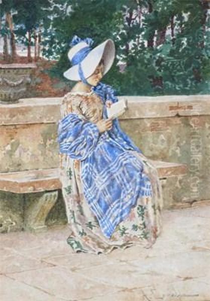 A Lady Seated On A Stone Bench Reading A Book - view 1