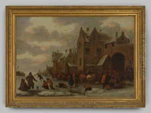 Winterlandschap met figuren op het ijs buiten een stad by Geldersch Landschap en Kasteelen