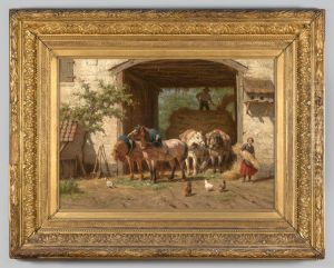 Een boer aan het hooien by Willem Carel Nakken