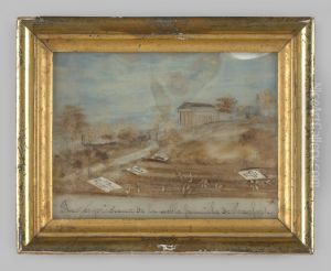 Achterglasschildering van een begraafplaats en tempel by Geldersch Landschap en Kasteelen