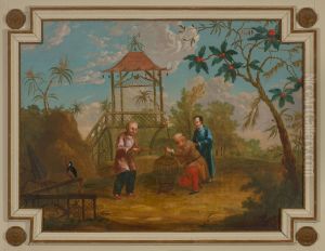 Bovendeurstuk met drie figuren rond een vogelkooi by Geldersch Landschap en Kasteelen