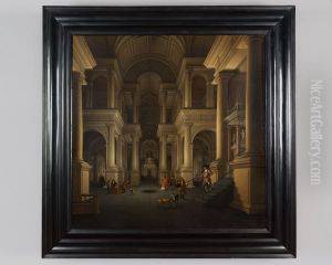 Kerkinterieur met figuren