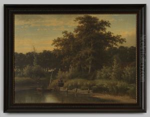 Boslandschap aan de oever by Cornelis Johannes De Vogel