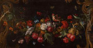 Bovendeurstuk met een bloemguirlande by Justus van Huysum