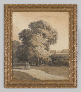 Twee vrouwen die door het landschap wandelen by Pieter Zijlstra