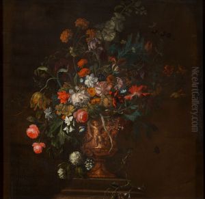 Schoorsteenstuk met een bloemstilleven by Justus van Huysum
