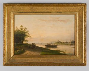 Rivierlandschap met veerpont by Charles Henri Leickert