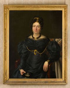 Portrait of Maria Catharina Petronella Langlois (1787-1873), in her right hand a miniature portrait of her husband, Franciscus Bartholomeus Hollingerus Pijpers