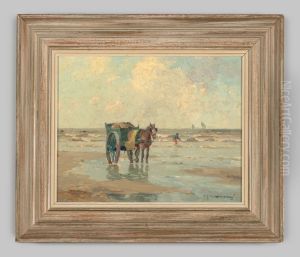Strandgezicht met een schelpenvisser