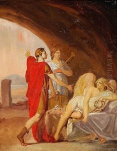 The Prince Royal Frederik awakens the sleeping Fama with the help of Clio. Study. by Nicolai Abildgaard