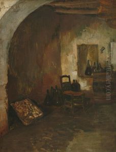 Blick in einen Gewolbekeller mit zahlreichen Karaffen und Gemuse by Ernst te Peerdt