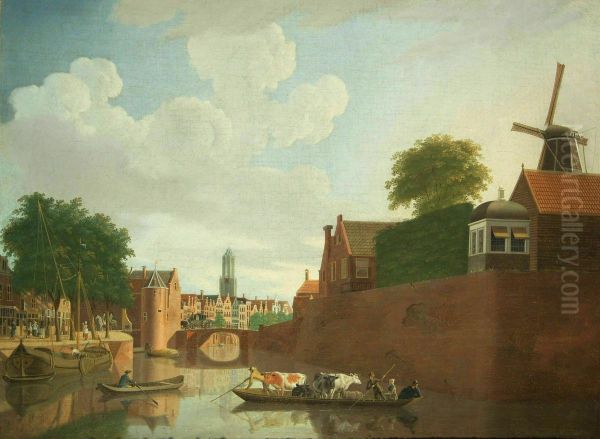 Schilderij met in het noorden van de stad Utrecht bolwerk Morgenster met oa Weerdpoort en Zandbrug. - view 1