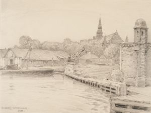 Ubatskajen, varvsmuren pa Galarvarvet i Stockholm. by Ferdinand Boberg