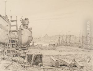 Torpedbatskajen vid Galarvarvet i Stockholm. by Ferdinand Boberg