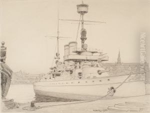 Pansarskepp vid Skeppsholmskajen. by Ferdinand Boberg
