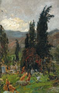 View of a cemetery at dusk