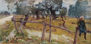 Oliveto con contadinella e bufali