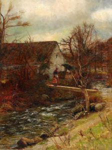 Autumn Landscape with Mother and Children at Brook by unknown