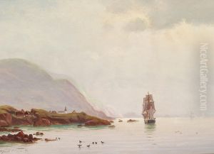 Marine with a sailing ship along a rocky coast. by Alfred Olsen
