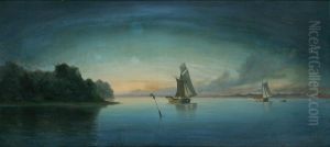Evening at a coast with two sailing ships. Evening at a coast with two sailing ships.
