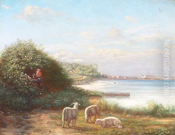 A beach with sheep and boy, and a view of Kronborg. - view 1