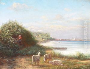 A beach with sheep and boy, and a view of Kronborg. by Christian Rudolph Vogelsang