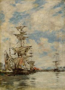 Sailing ships in the harbor by Eugene Louis Boudin