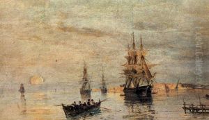 Sailing ships at dawn by Konstantinos Volanakis