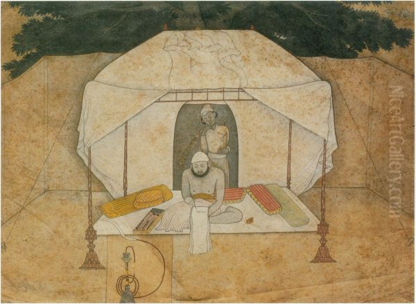 Balwant Singh Seated Writing on a Camp-Bed - view 1