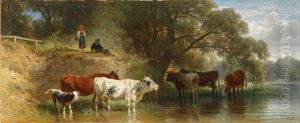 Weidende Kuhe am Fluss mit Hirten by Friedrich Voltz