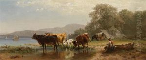 Kuhe am Seeufer mit Fischerboot by Friedrich Voltz