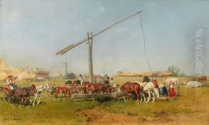 Horses watering by a Well