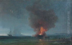Den tyske dampskruekanonbad "von der Tann" i brand, 25. juli 1850 by Vilhelm Melbye