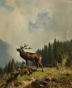 Roaring Red Deer with his herd by Ludwig Gustav Voltz
