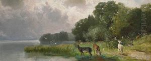 Damwild am See by Ludwig Gustav Voltz