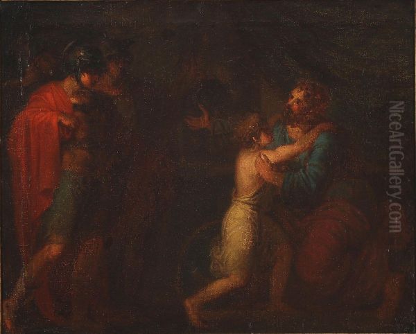 Two Roman warriors watching a seated man embracing a child - view 1