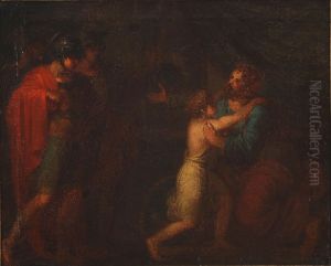 Two Roman warriors watching a seated man embracing a child