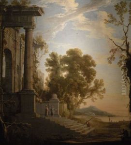 Paysage avec figures sur les marches d'un palais en ruines by Henri Mauperche