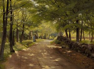 Bondepige i en bogeskov, solskin. by Georg Achen