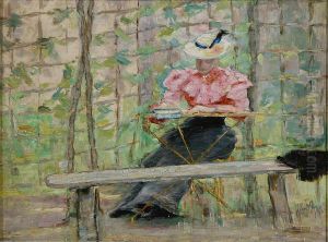 A woman sitting in a garden. by Georg Achen