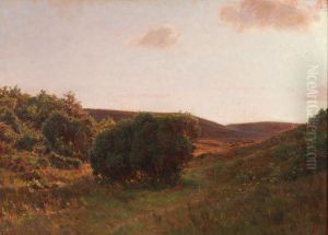 A landscape with heather hills. by Georg Achen